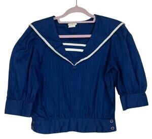 Vtg At Once Casual Blue & White 3/4" Sleeves Cropped Top Nautical Sailor Navy